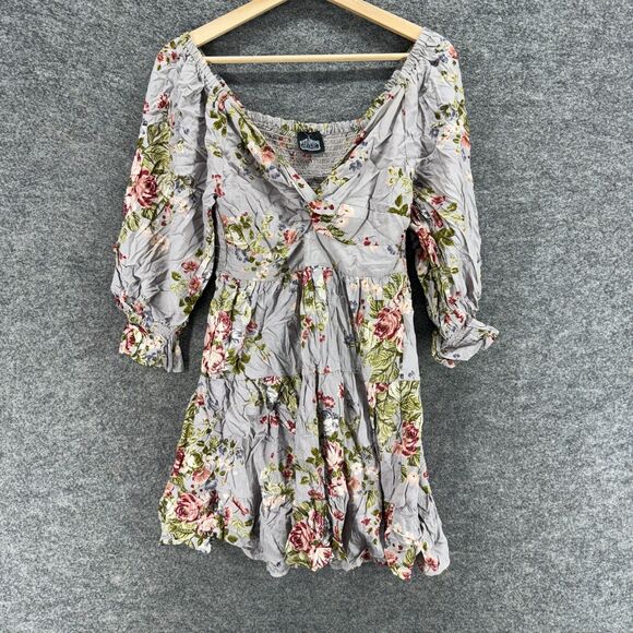 Angie Dress Women S Small Gray Floral Sheath Short V-Neck Long Sleeve Casual - Picture 1 of 6